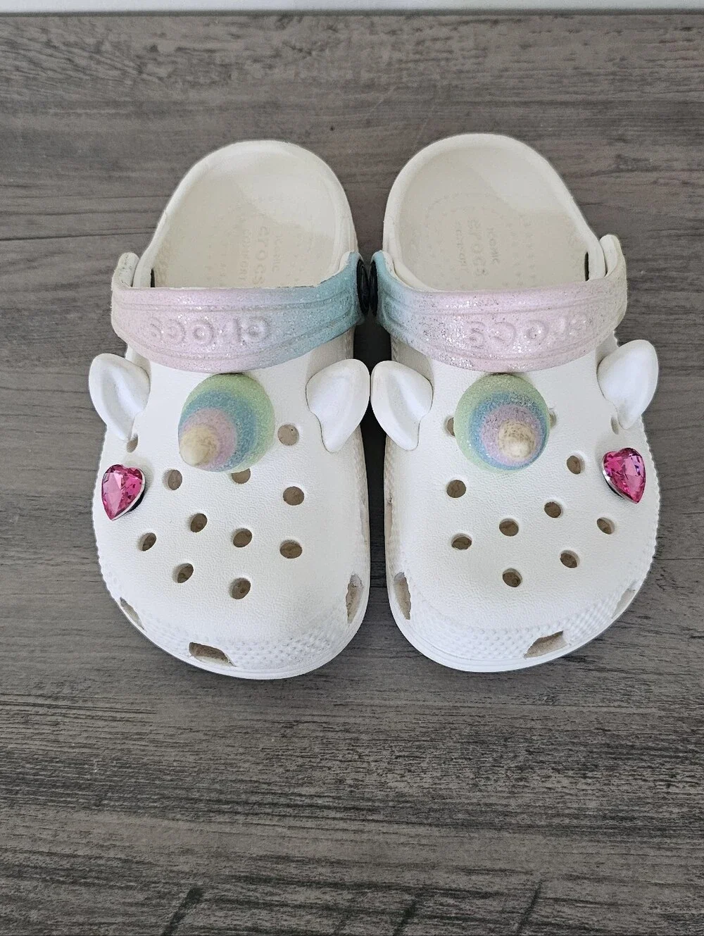 CROCS Kids White Unicorn Clogs Pastel Rainbow Horn Pink Heart Gems C 9 Toddler